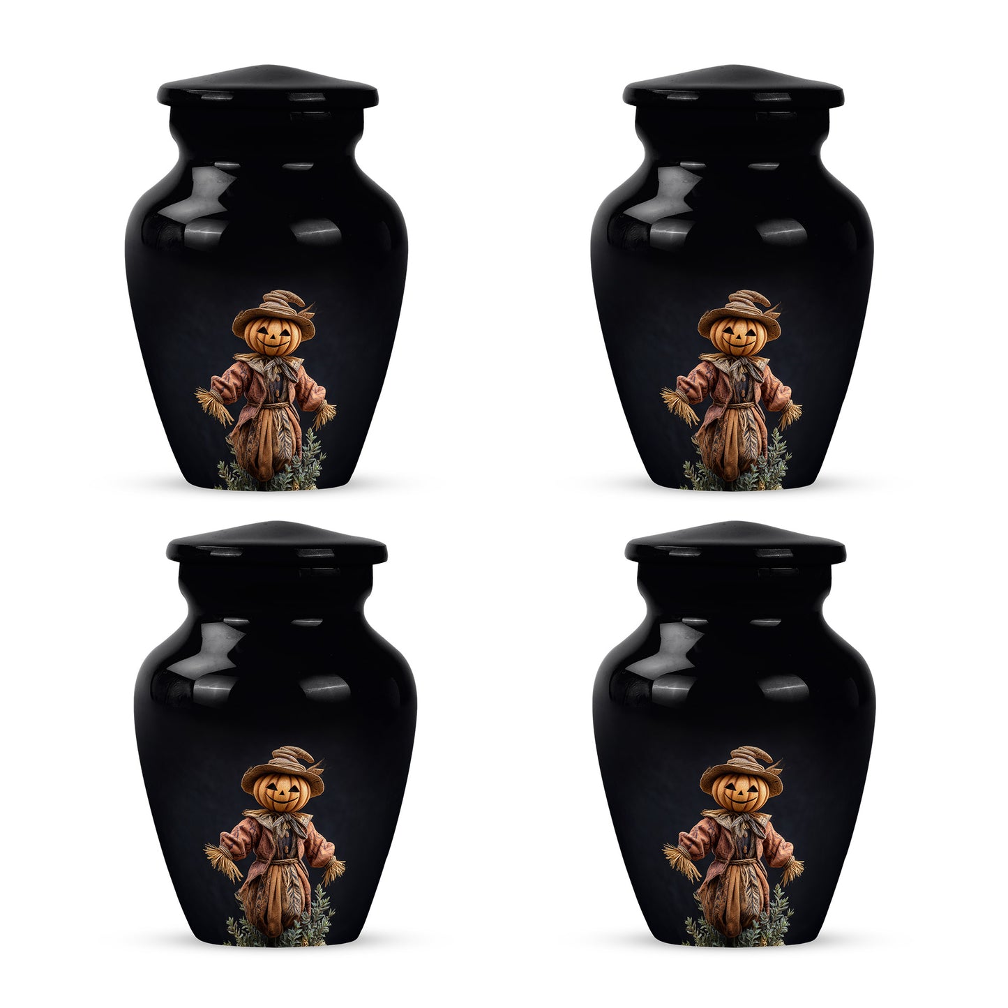 Ebony Halloween Cremation Urn side profile showing urn shape - classic sculpted halloween pattern on smooth aluminum - 10 inch aluminum urn for cremated remains