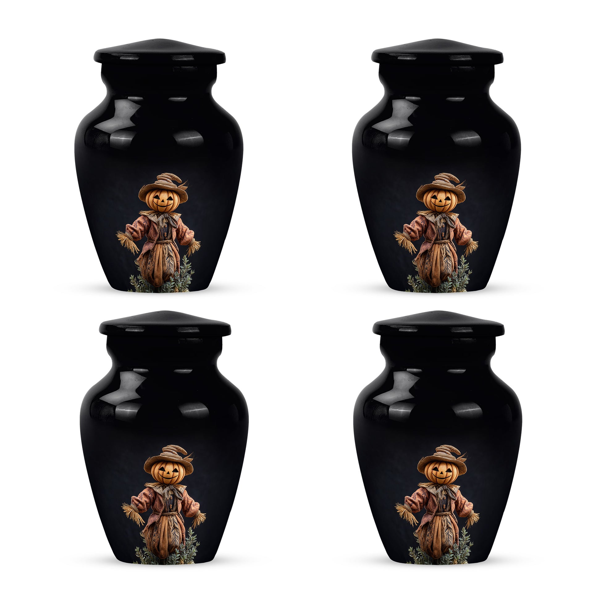 Ebony Halloween Cremation Urn side profile showing urn shape - classic sculpted halloween pattern on smooth aluminum - 10 inch aluminum urn for cremated remains
