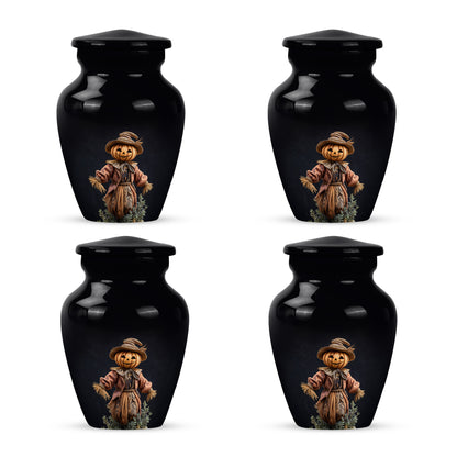 Ebony Halloween Cremation Urn side profile showing urn shape - classic sculpted halloween pattern on smooth aluminum - 10 inch aluminum urn for cremated remains