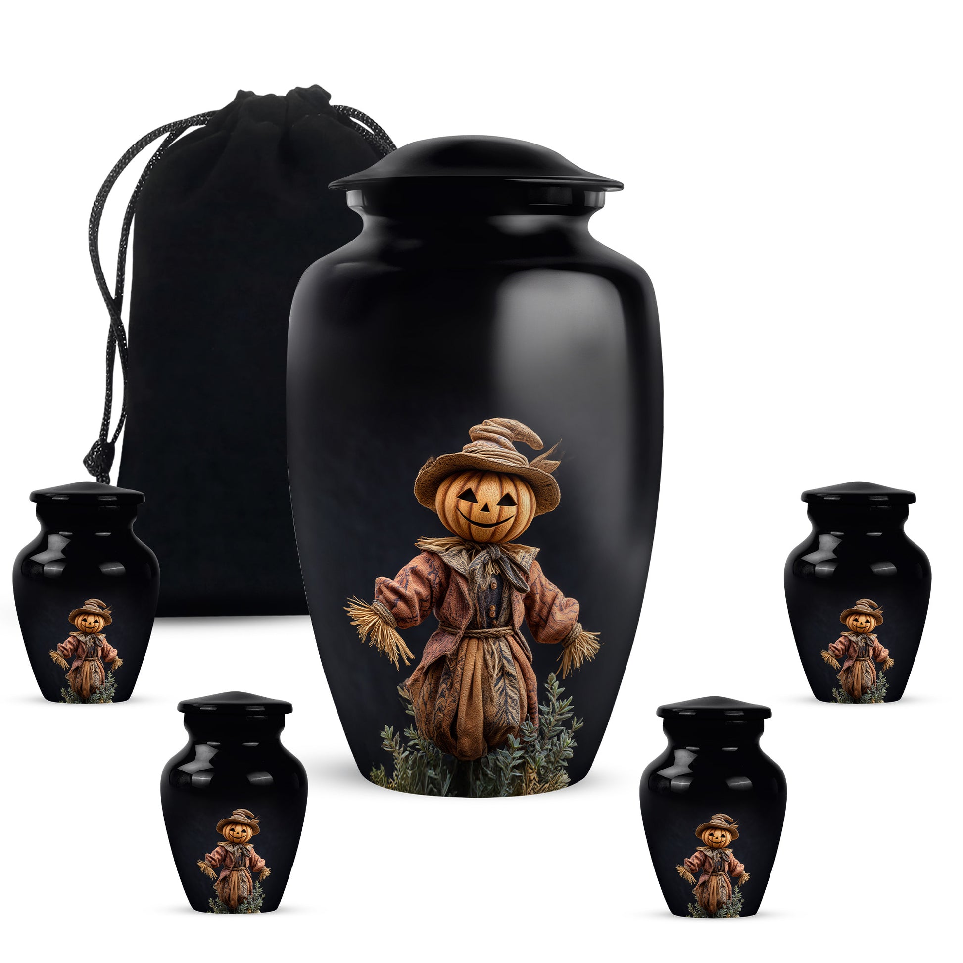 Midnight Black Halloween Cremation Urn top-down view of secure threaded lid - elegant classic halloween relief with fine detailing - memorial set with one large and four small urns
