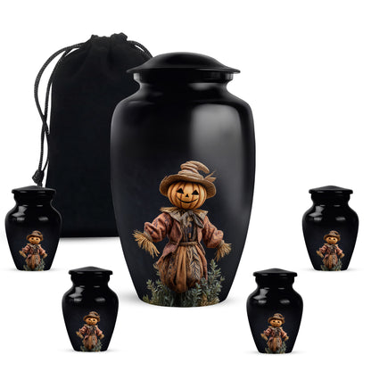 Midnight Black Halloween Cremation Urn top-down view of secure threaded lid - elegant classic halloween relief with fine detailing - memorial set with one large and four small urns