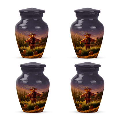 Amethyst Purple Halloween Cremation Urn side profile showing urn shape - classic sculpted halloween pattern on smooth aluminum - 10 inch aluminum urn for cremated remains