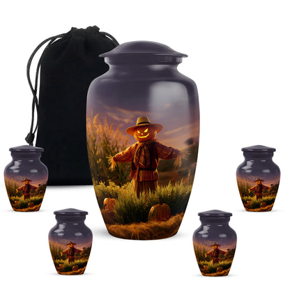 Royal Purple Halloween Cremation Urn top-down view of secure threaded lid - traditional halloween engraving with hand-polished finish - memorial set with one large and four small urns