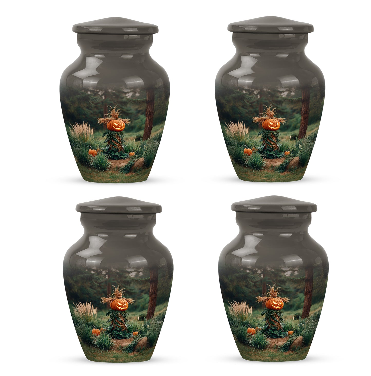 Dark Black Halloween Cremation Urn side profile showing urn shape - traditional halloween engraving with hand-polished finish - 10 inch aluminum urn for cremated remains