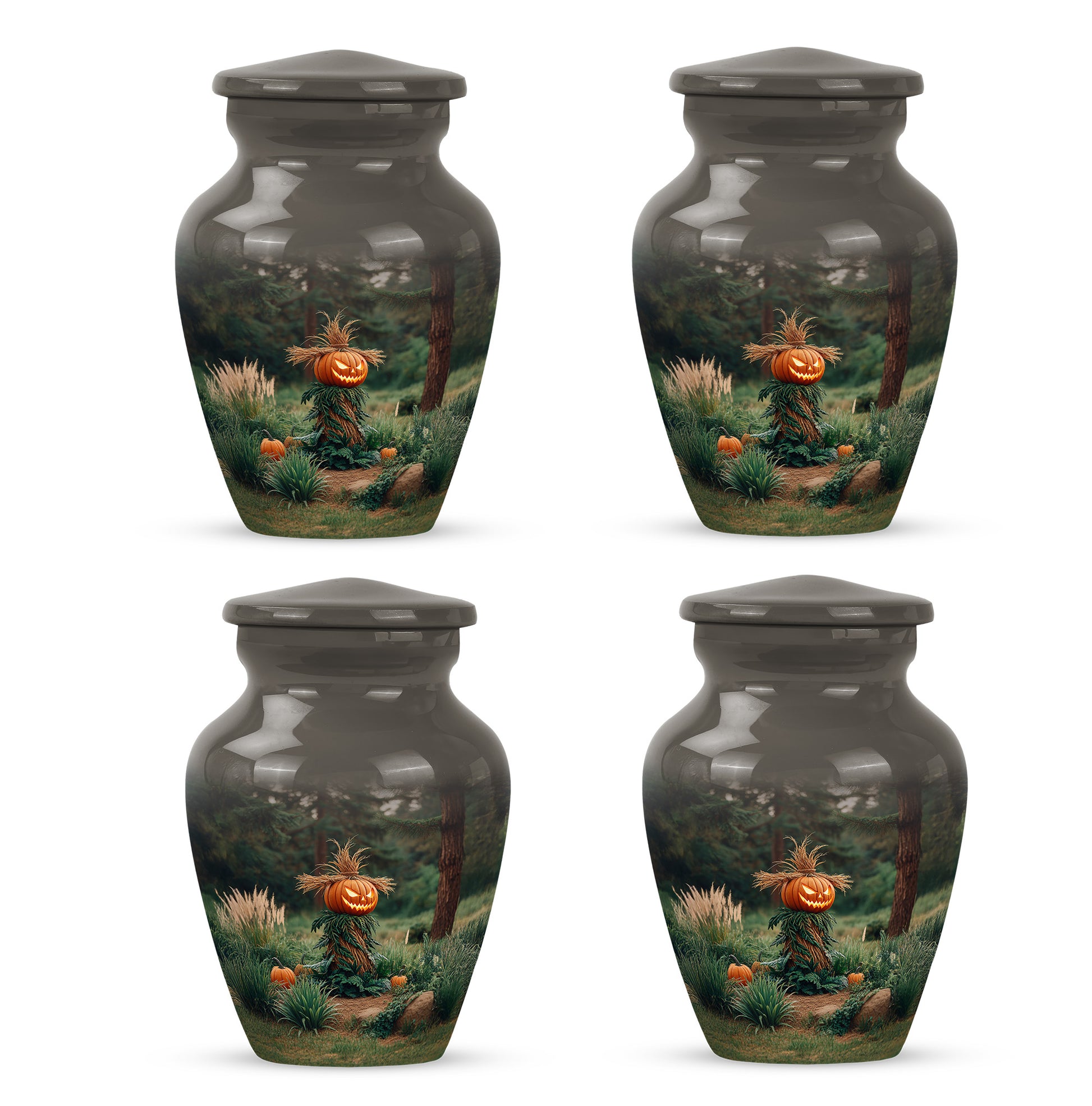 Dark Black Halloween Cremation Urn side profile showing urn shape - traditional halloween engraving with hand-polished finish - 10 inch aluminum urn for cremated remains