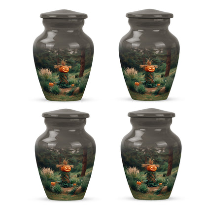 Dark Black Halloween Cremation Urn side profile showing urn shape - traditional halloween engraving with hand-polished finish - 10 inch aluminum urn for cremated remains