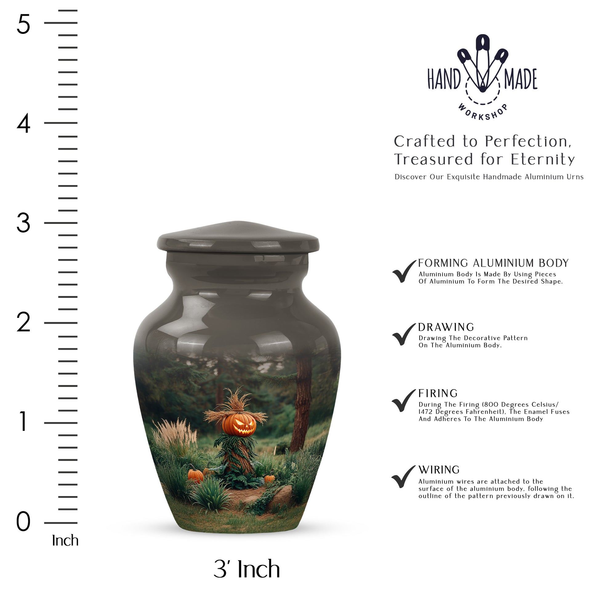 Jet Black Halloween Cremation Urn close-up of engraving and surface detail - classic sculpted halloween pattern on smooth aluminum - mini keepsake memorial for portion of cremation ashes