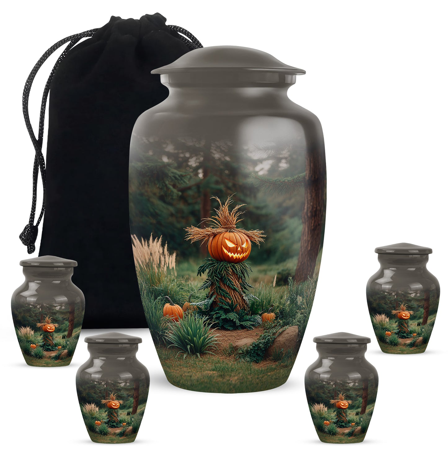 Obsidian Black Halloween Cremation Urn top-down view of secure threaded lid - elegant classic halloween relief with fine detailing - memorial set with one large and four small urns