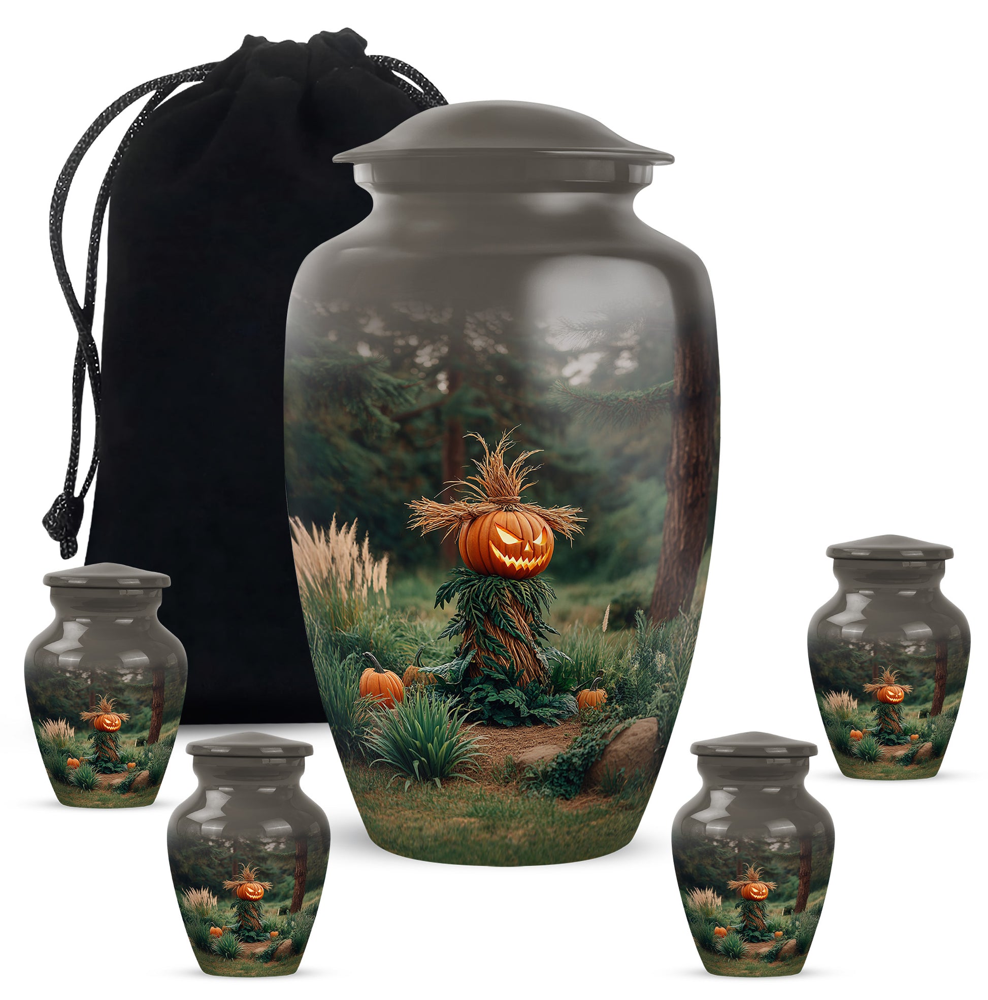 Obsidian Black Halloween Cremation Urn top-down view of secure threaded lid - elegant classic halloween relief with fine detailing - memorial set with one large and four small urns