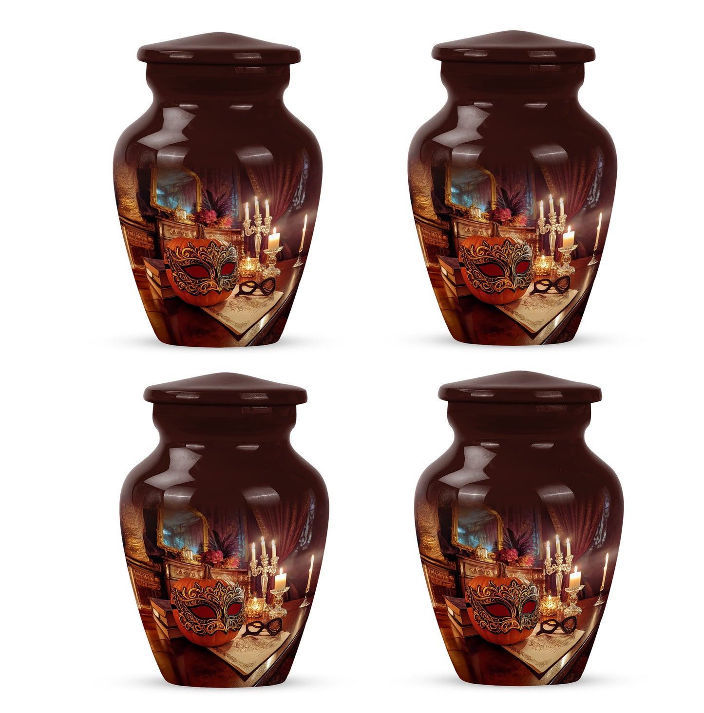 Burgundy Red Halloween Cremation Urn side profile showing urn shape - classic sculpted halloween pattern on smooth aluminum - 10 inch aluminum urn for cremated remains