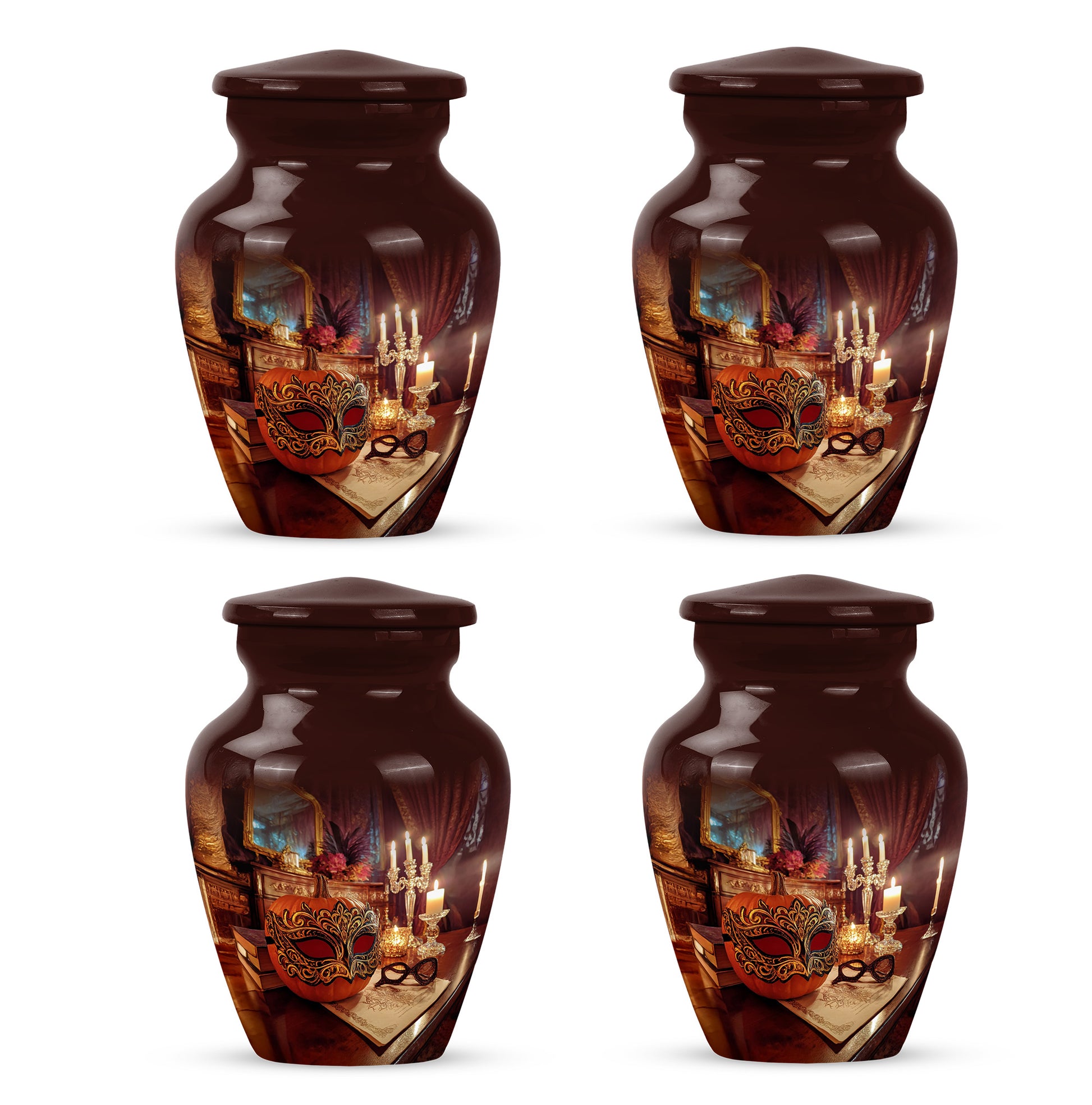 Burgundy Red Halloween Cremation Urn side profile showing urn shape - classic sculpted halloween pattern on smooth aluminum - 10 inch aluminum urn for cremated remains