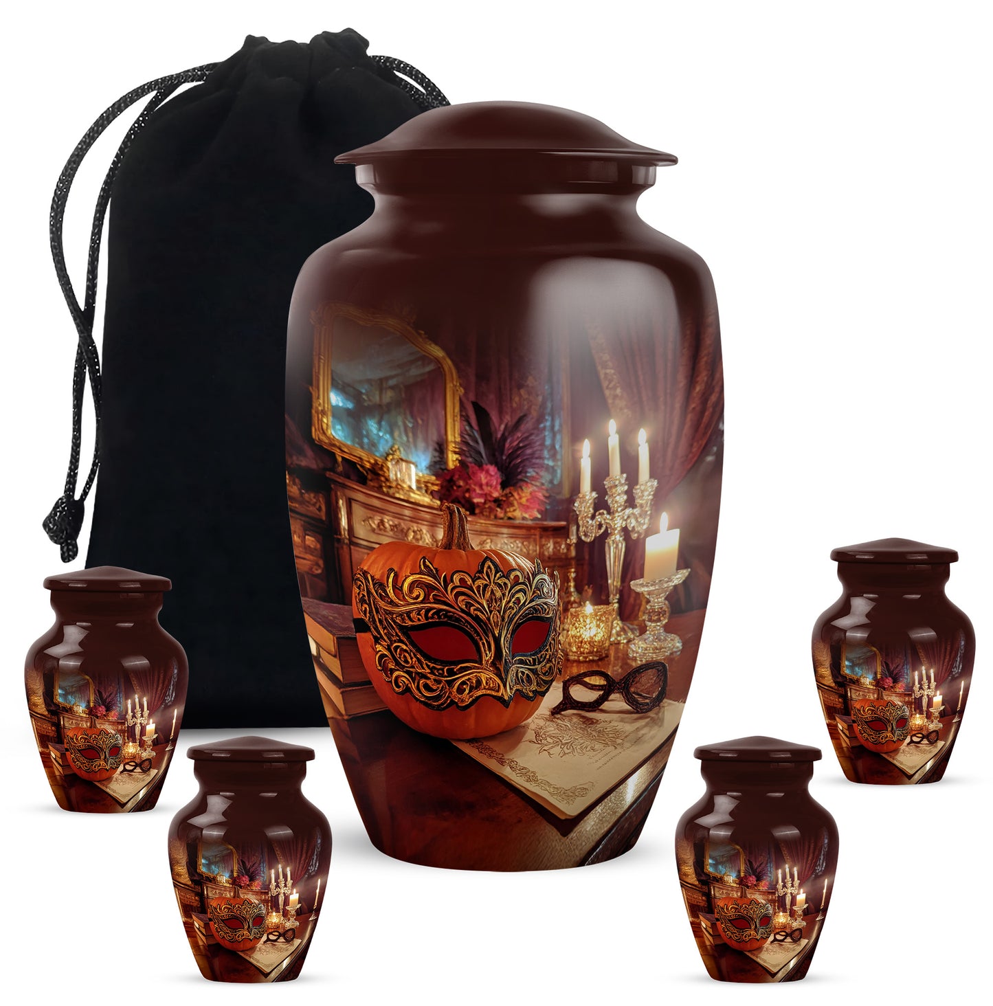 Deep Red Halloween Cremation Urn top-down view of secure threaded lid - timeless halloween motif etched into premium metal - memorial set with one large and four small urns