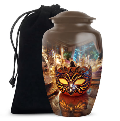 Amber Gold Halloween Cremation Urn angled view of lid and engraved motif - classic sculpted halloween pattern on smooth aluminum - full-size 10 inch 200 cubic inch adult cremation urn