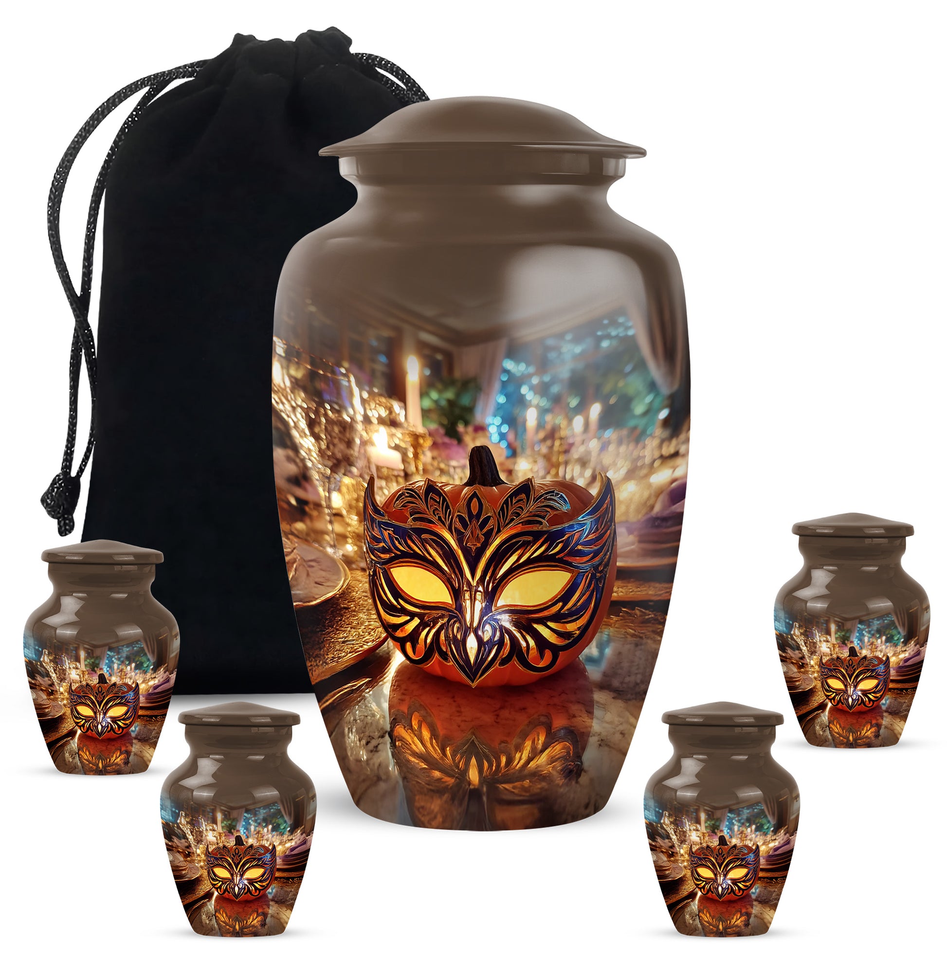 Royal Gold Halloween Cremation Urn top-down view of secure threaded lid - elegant classic halloween relief with fine detailing - memorial set with one large and four small urns