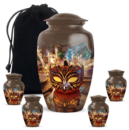 Royal Gold Halloween Cremation Urn top-down view of secure threaded lid - elegant classic halloween relief with fine detailing - memorial set with one large and four small urns