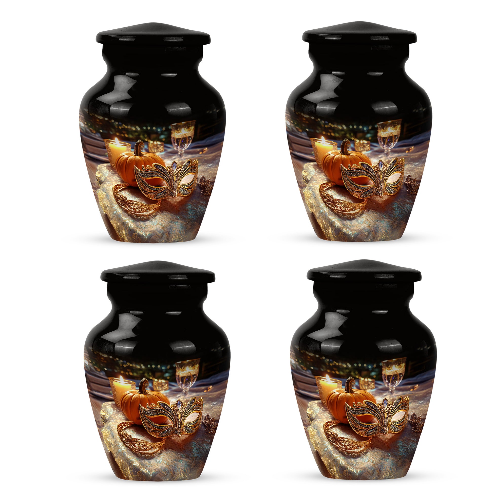 Obsidian Black Halloween Cremation Urn side profile showing urn shape - traditional halloween engraving with hand-polished finish - 10 inch aluminum urn for cremated remains