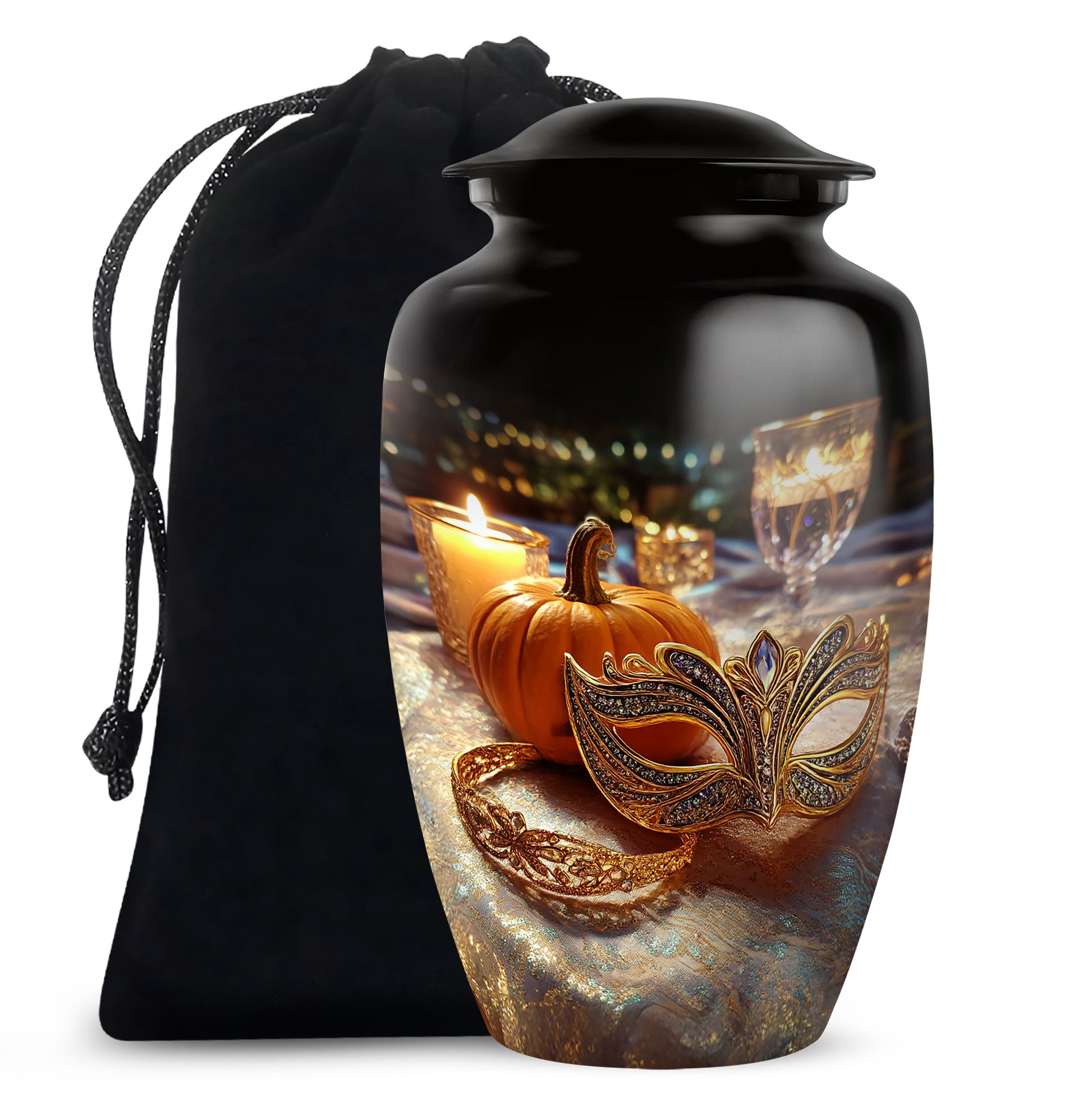 Obsidian Black Halloween Cremation Urn angled view of lid and engraved motif - traditional halloween engraving with hand-polished finish - full-size 10 inch 200 cubic inch adult cremation urn