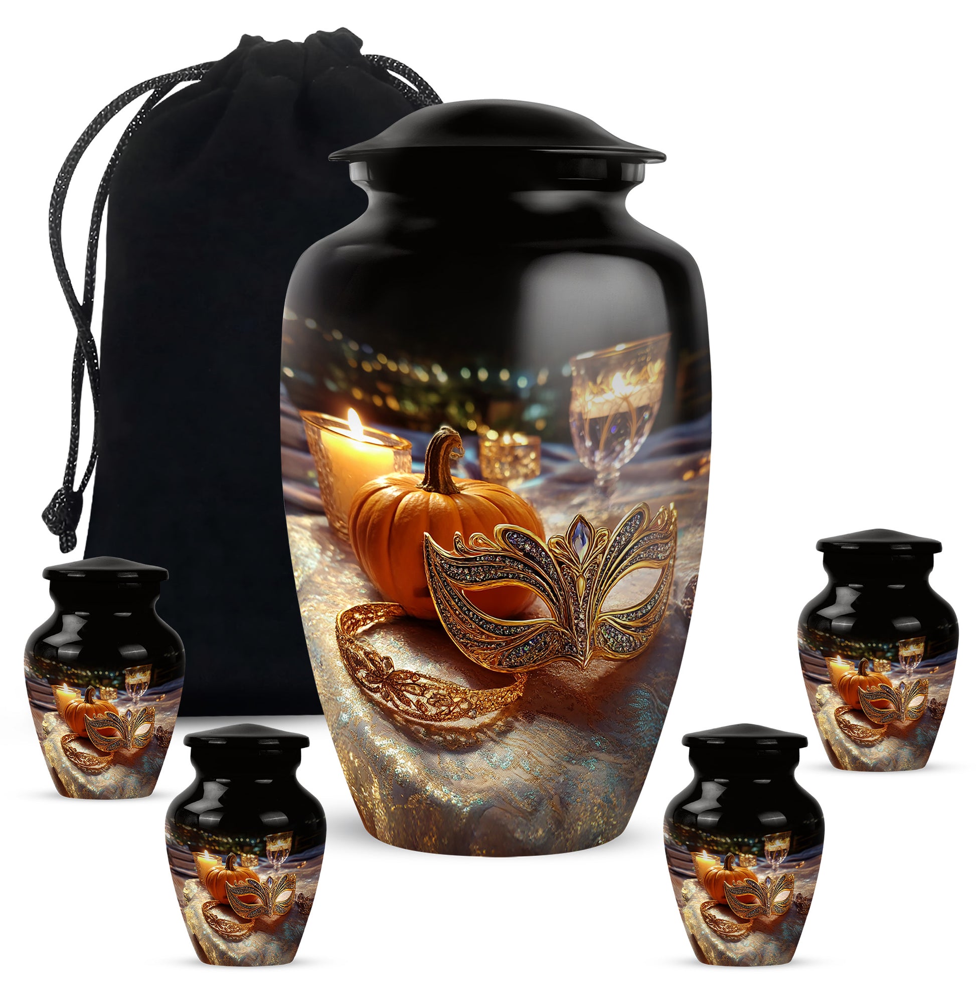 Ebony Halloween Cremation Urn top-down view of secure threaded lid - classic sculpted halloween pattern on smooth aluminum - memorial set with one large and four small urns