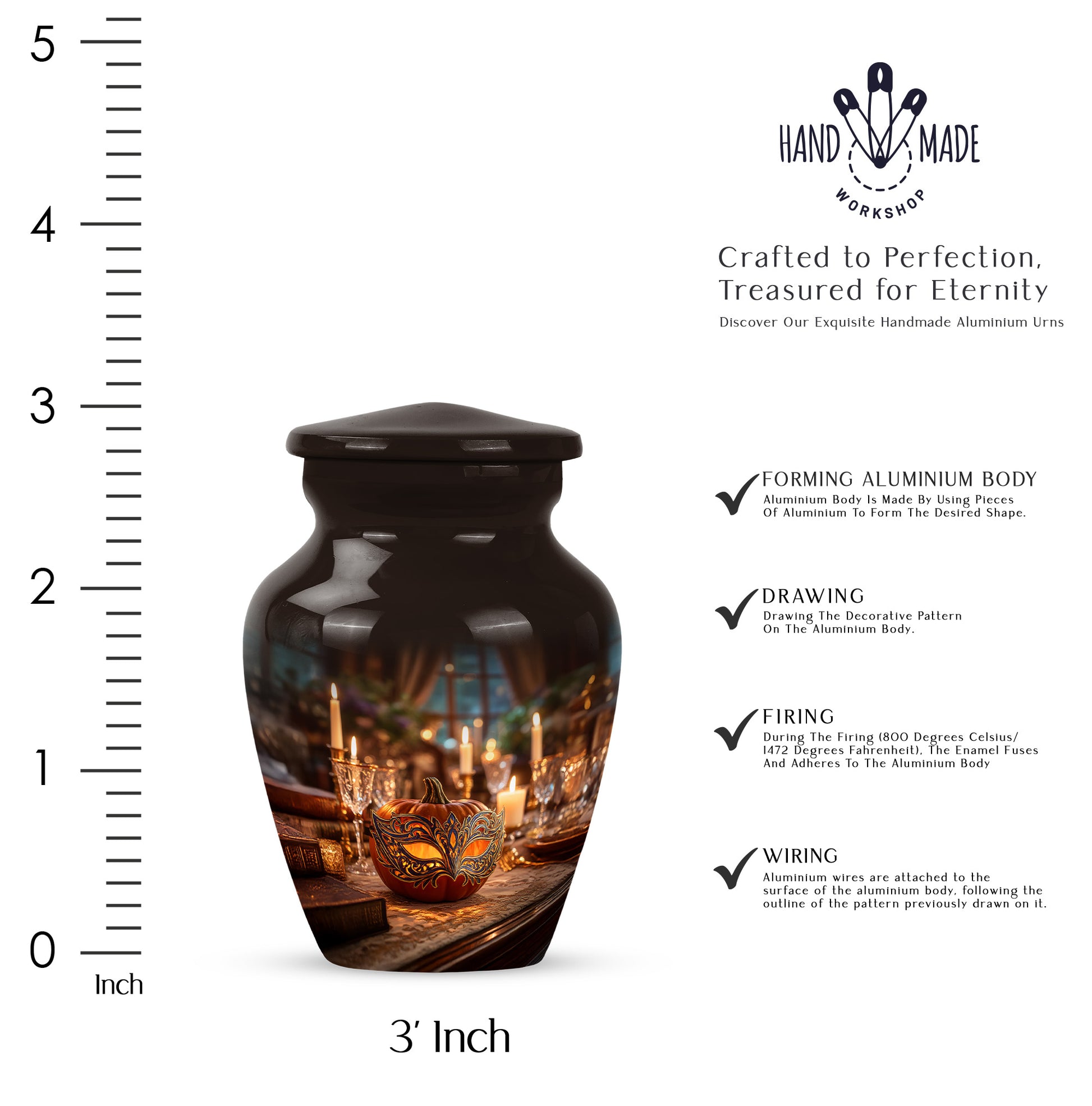 Sunrise Gold Halloween Cremation Urn close-up of engraving and surface detail - timeless halloween motif etched into premium metal - mini keepsake memorial for portion of cremation ashes