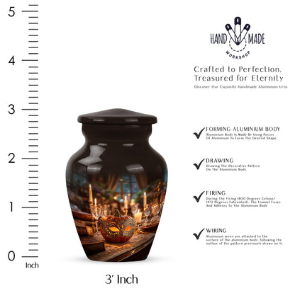 Sunrise Gold Halloween Cremation Urn close-up of engraving and surface detail - timeless halloween motif etched into premium metal - mini keepsake memorial for portion of cremation ashes