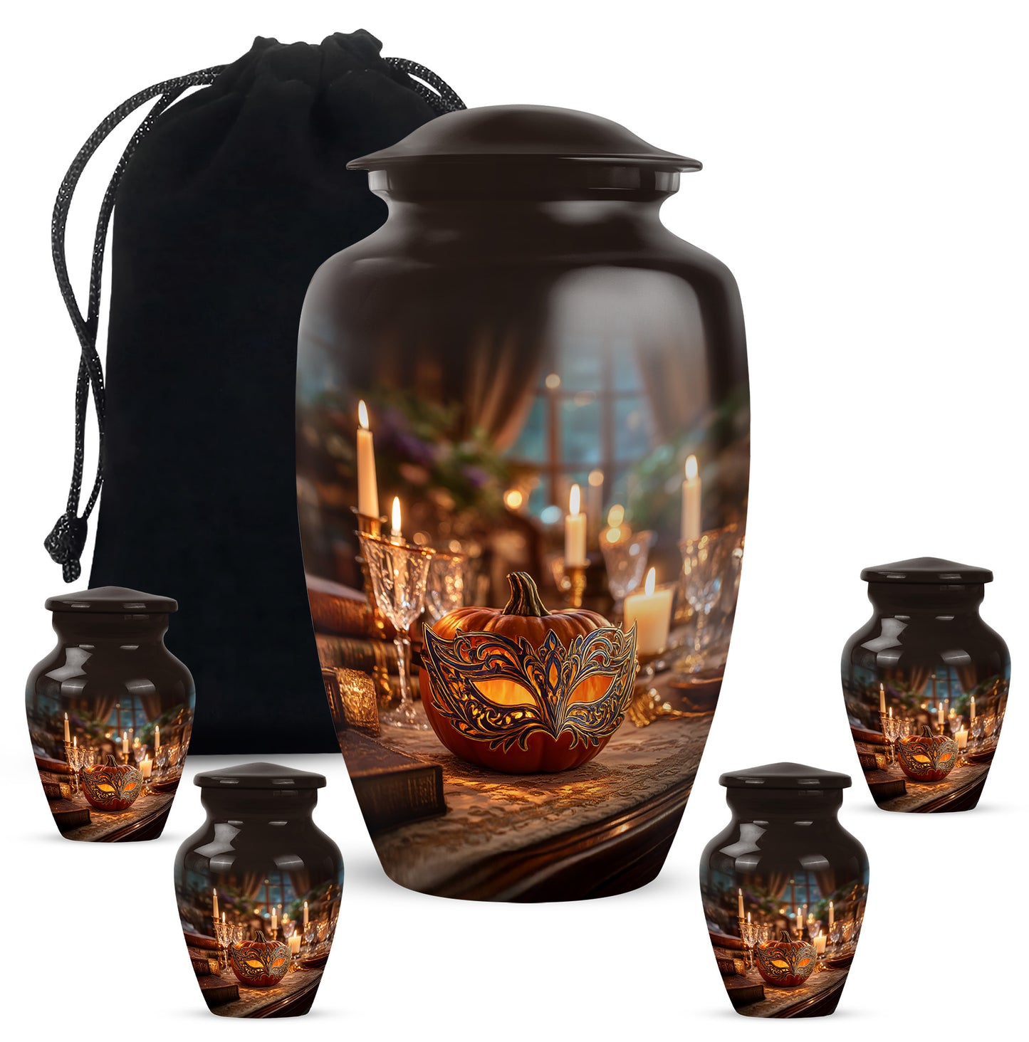 Gilded Gold Halloween Cremation Urn top-down view of secure threaded lid - classic sculpted halloween pattern on smooth aluminum - memorial set with one large and four small urns