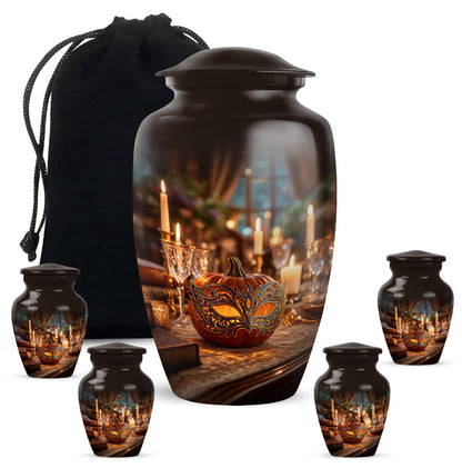 Gilded Gold Halloween Cremation Urn top-down view of secure threaded lid - classic sculpted halloween pattern on smooth aluminum - memorial set with one large and four small urns