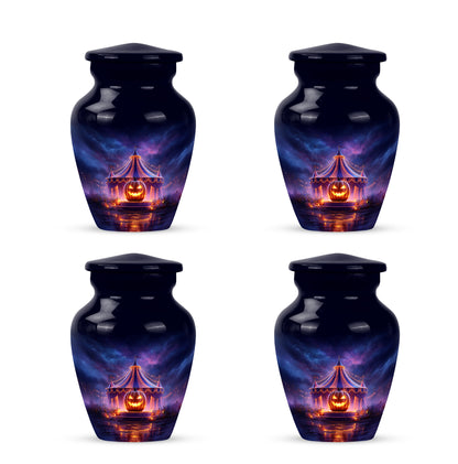 Azure Halloween Cremation Urn side profile showing urn shape - classic sculpted halloween pattern on smooth aluminum - 10 inch aluminum urn for cremated remains