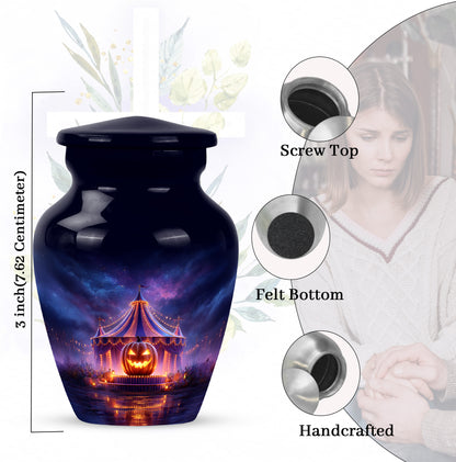 Serene Blue Halloween Cremation Urn close-up of engraving and surface detail - elegant classic halloween relief with fine detailing - mini keepsake memorial for portion of cremation ashes