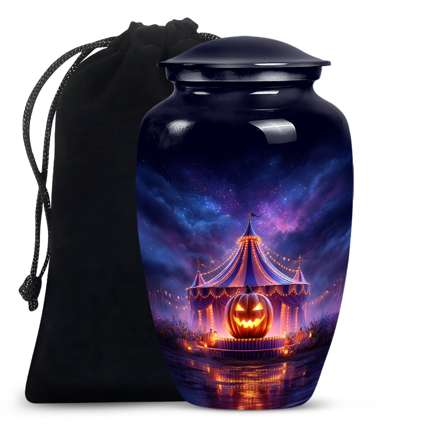 Powder Blue Halloween Cremation Urn angled view of lid and engraved motif - timeless halloween motif etched into premium metal - full-size 10 inch 200 cubic inch adult cremation urn