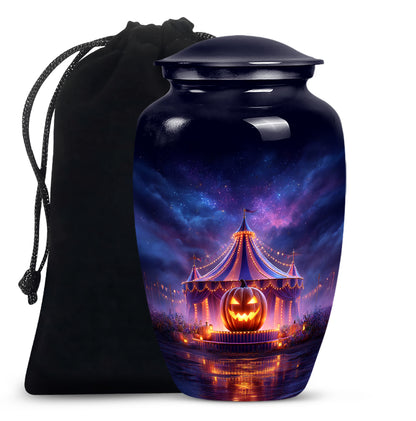 Powder Blue Halloween Cremation Urn angled view of lid and engraved motif - timeless halloween motif etched into premium metal - full-size 10 inch 200 cubic inch adult cremation urn