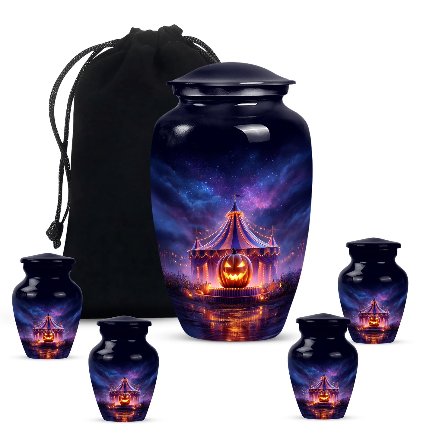 Celestial Blue Halloween Cremation Urn top-down view of secure threaded lid - timeless halloween motif etched into premium metal - memorial set with one large and four small urns