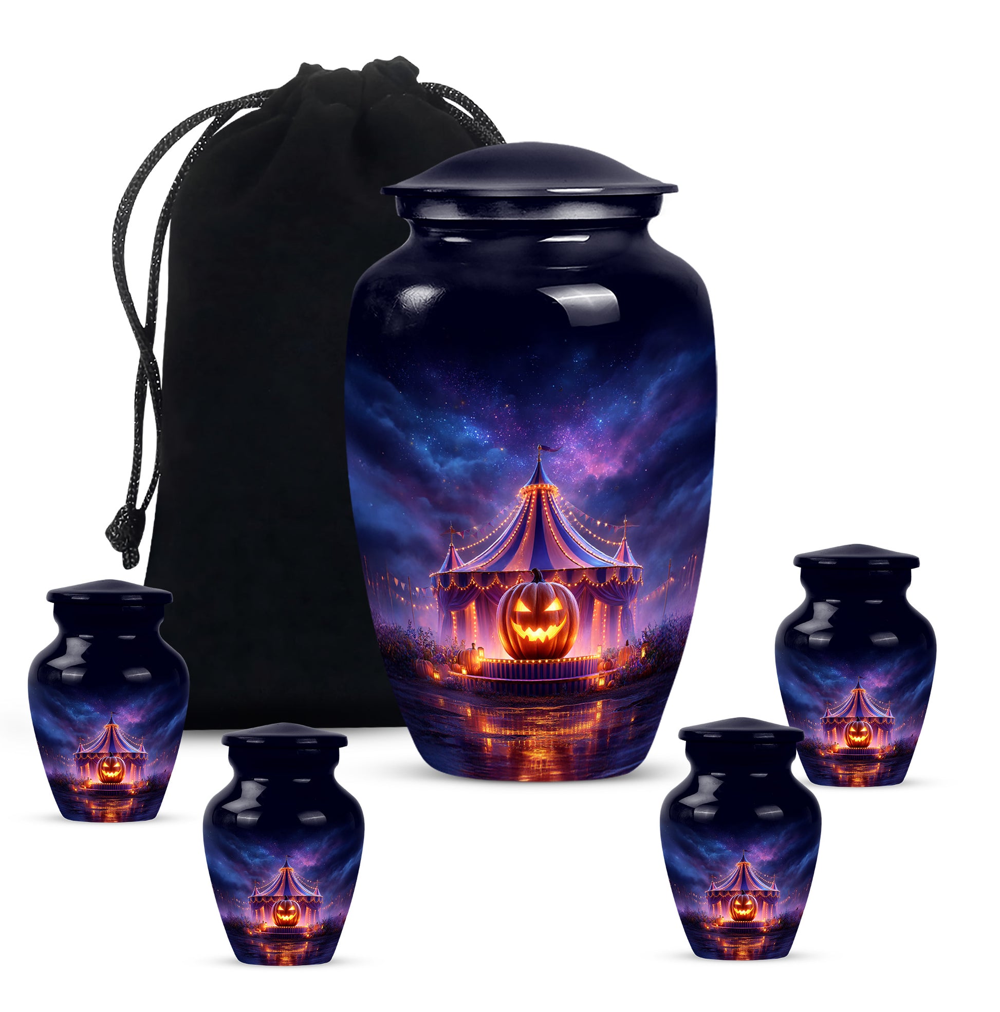Celestial Blue Halloween Cremation Urn top-down view of secure threaded lid - timeless halloween motif etched into premium metal - memorial set with one large and four small urns