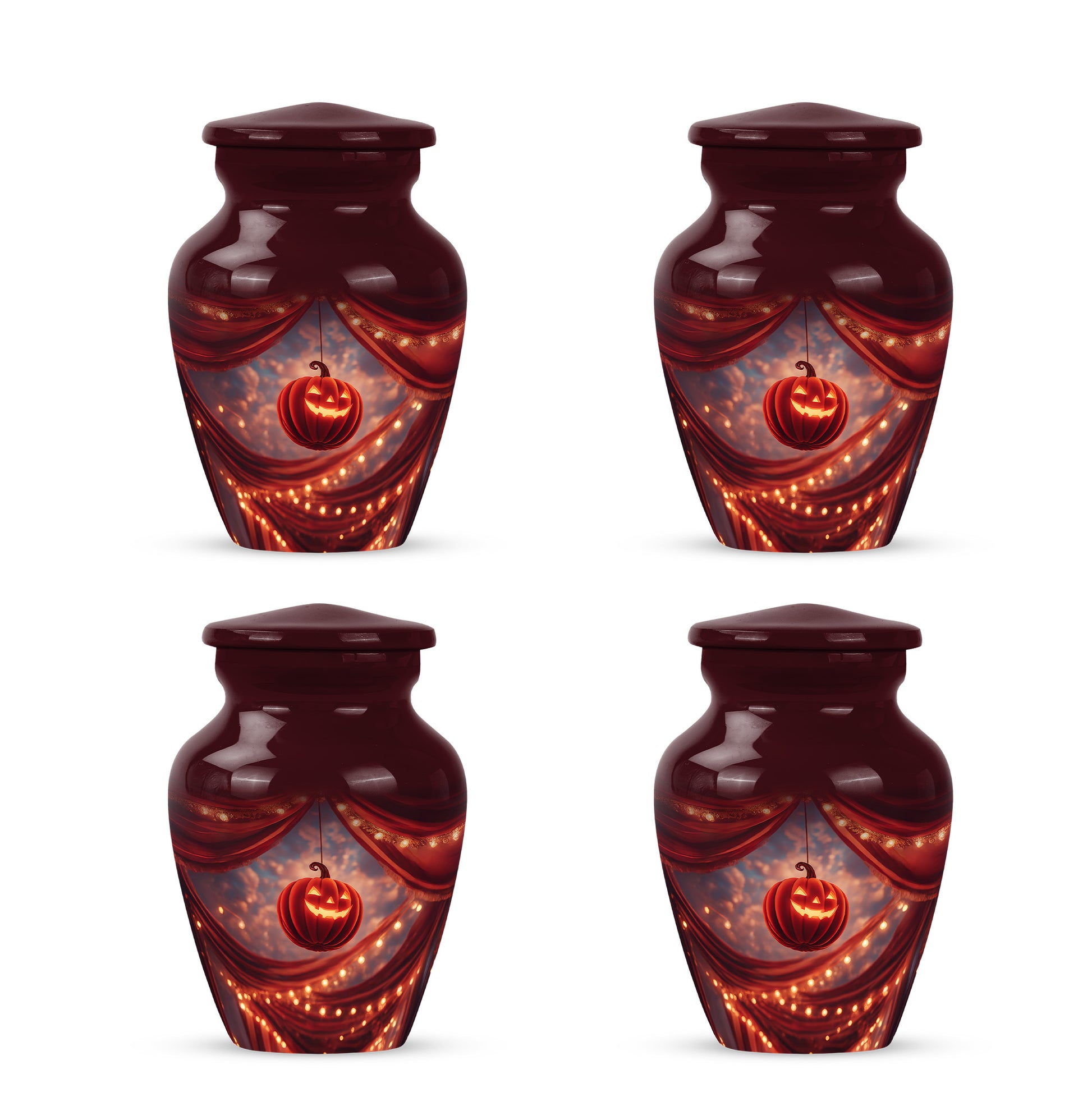 Scarlet Red Halloween Cremation Urn side profile showing urn shape - traditional halloween engraving with hand-polished finish - 10 inch aluminum urn for cremated remains