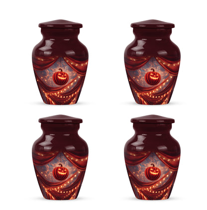 Scarlet Red Halloween Cremation Urn side profile showing urn shape - traditional halloween engraving with hand-polished finish - 10 inch aluminum urn for cremated remains