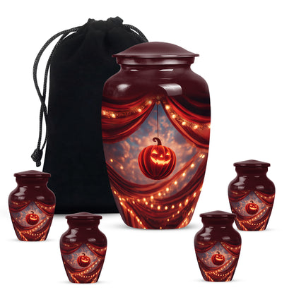 Crimson Red Halloween Cremation Urn top-down view of secure threaded lid - timeless halloween motif etched into premium metal - memorial set with one large and four small urns