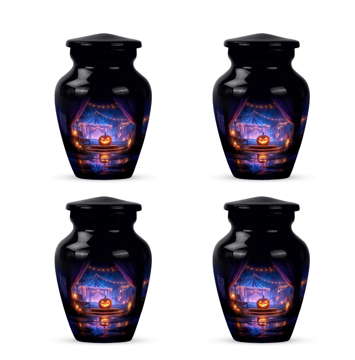 Charcoal Black Halloween Cremation Urn side profile showing urn shape - traditional halloween engraving with hand-polished finish - 10 inch aluminum urn for cremated remains