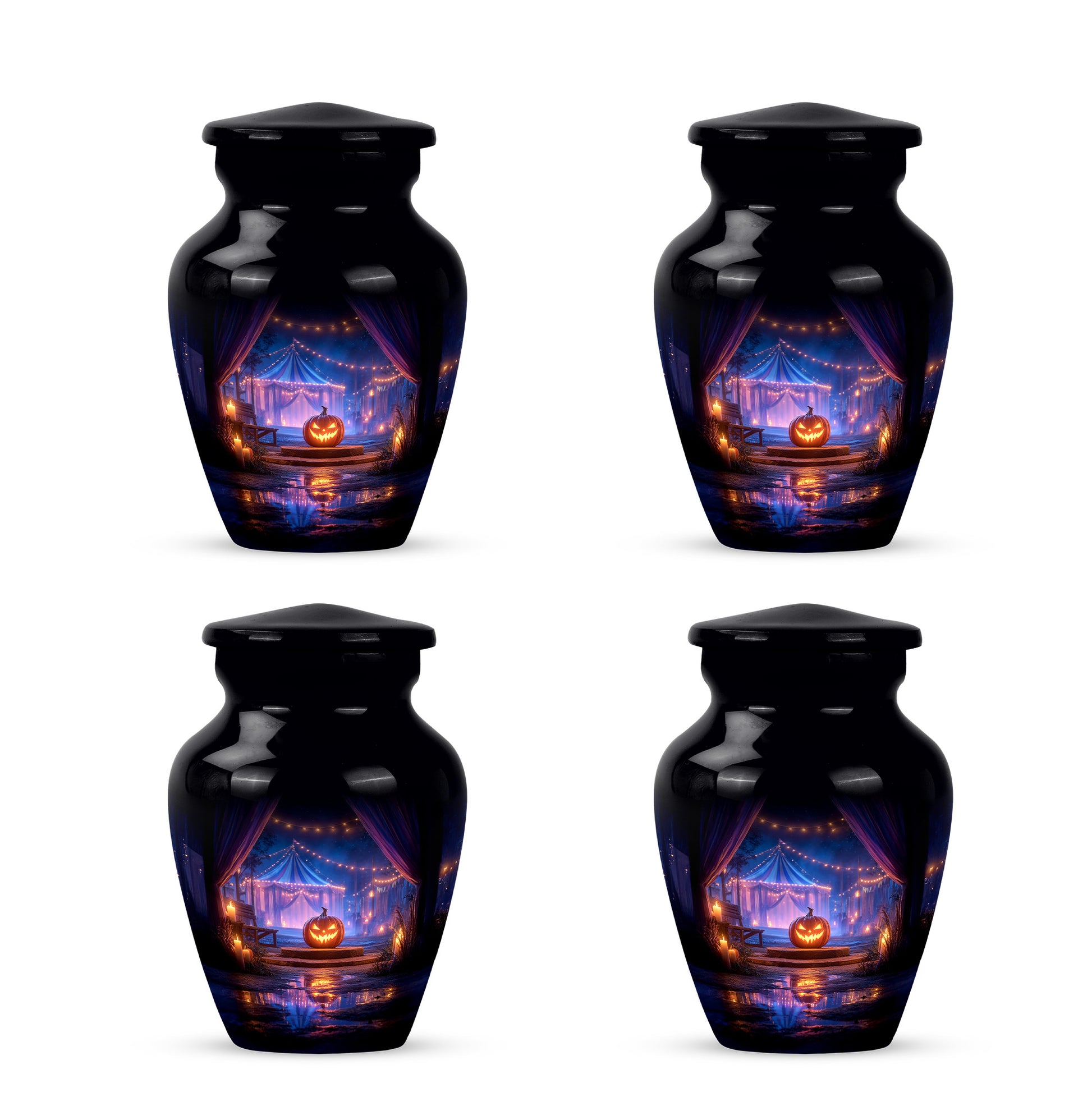 Charcoal Black Halloween Cremation Urn side profile showing urn shape - traditional halloween engraving with hand-polished finish - 10 inch aluminum urn for cremated remains