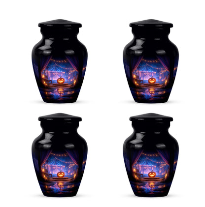 Charcoal Black Halloween Cremation Urn side profile showing urn shape - traditional halloween engraving with hand-polished finish - 10 inch aluminum urn for cremated remains