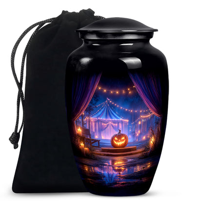 Dark Black Halloween Cremation Urn angled view of lid and engraved motif - traditional halloween engraving with hand-polished finish - full-size 10 inch 200 cubic inch adult cremation urn