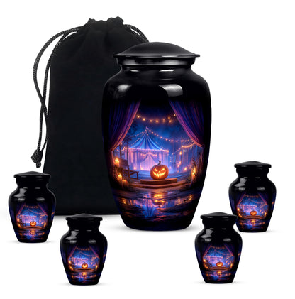 Deep Black Halloween Cremation Urn top-down view of secure threaded lid - timeless halloween motif etched into premium metal - memorial set with one large and four small urns