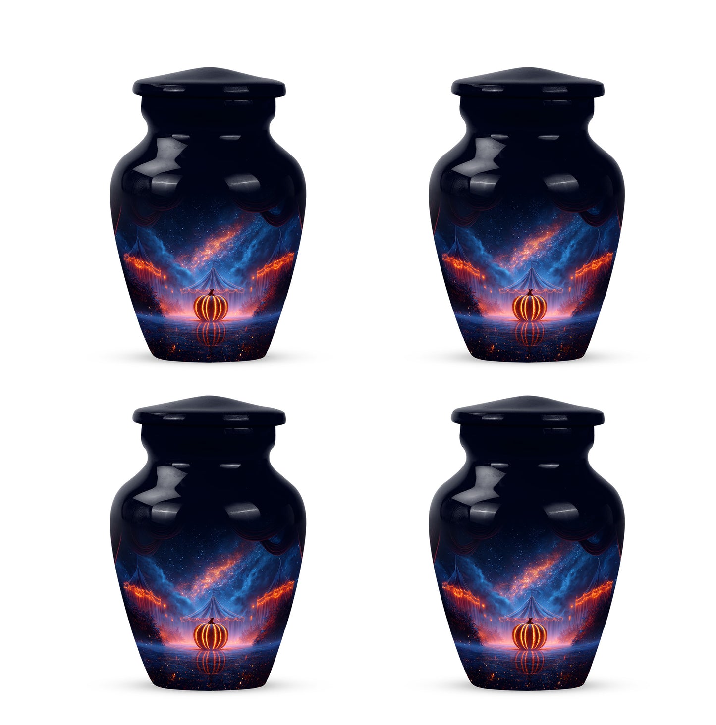 Indigo Halloween Cremation Urn side profile showing urn shape - timeless halloween motif etched into premium metal - 10 inch aluminum urn for cremated remains