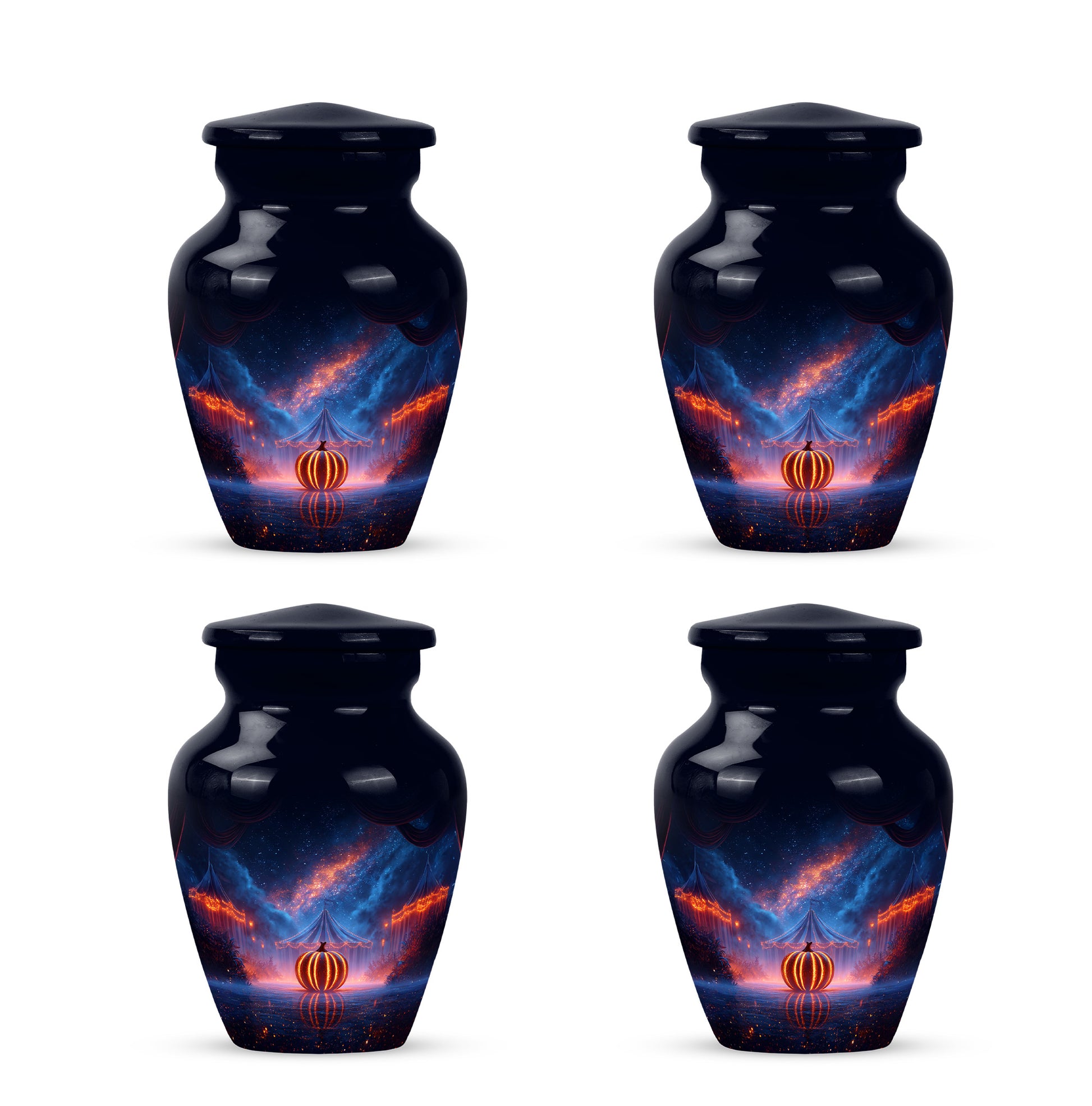 Indigo Halloween Cremation Urn side profile showing urn shape - timeless halloween motif etched into premium metal - 10 inch aluminum urn for cremated remains