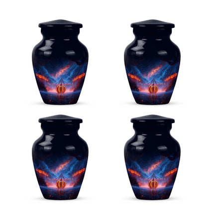 Indigo Halloween Cremation Urn side profile showing urn shape - timeless halloween motif etched into premium metal - 10 inch aluminum urn for cremated remains