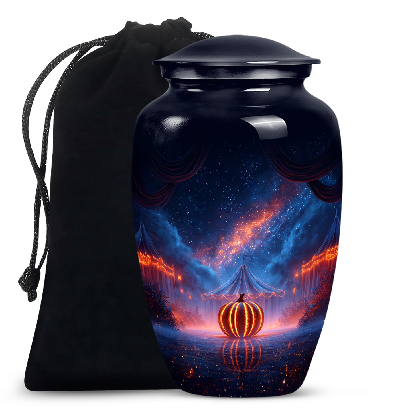 Steel Blue Halloween Cremation Urn angled view of lid and engraved motif - traditional halloween engraving with hand-polished finish - full-size 10 inch 200 cubic inch adult cremation urn
