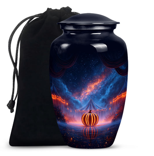 Steel Blue Halloween Cremation Urn angled view of lid and engraved motif - traditional halloween engraving with hand-polished finish - full-size 10 inch 200 cubic inch adult cremation urn