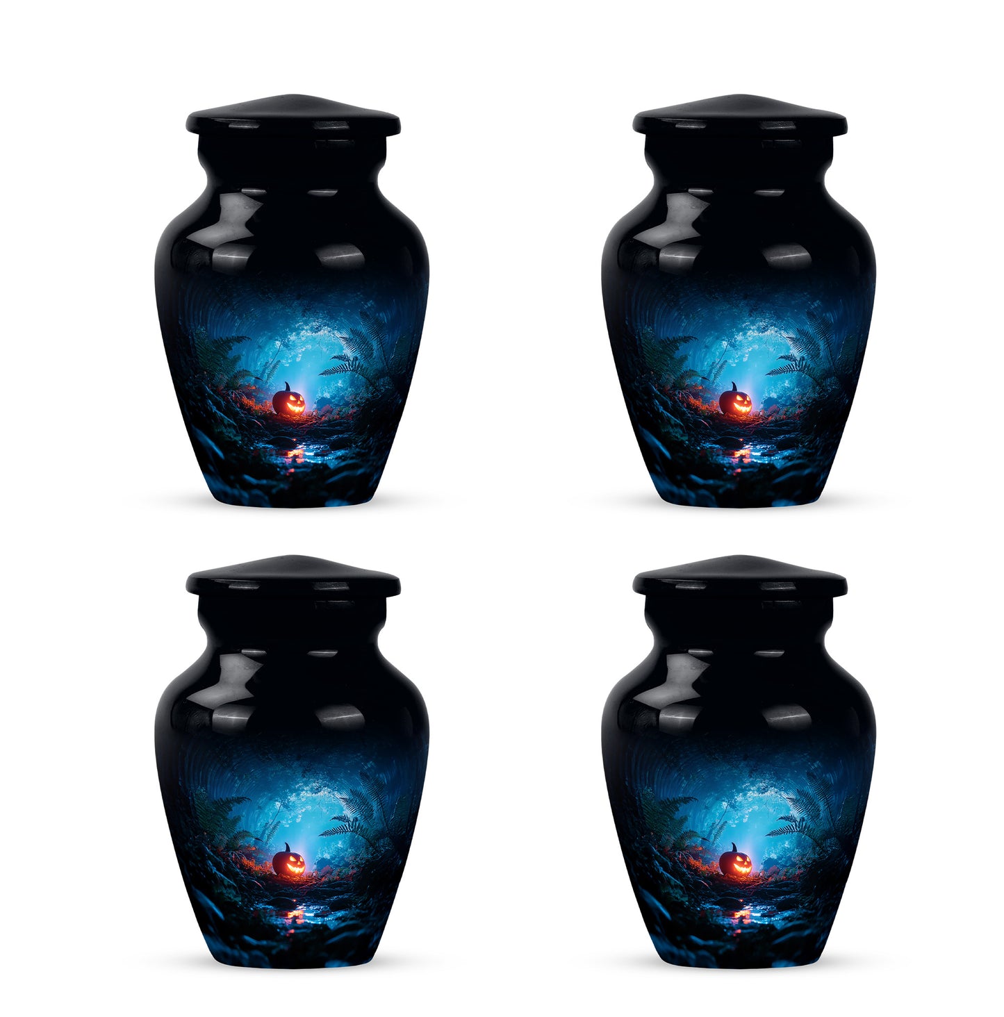 Jet Black Halloween Cremation Urn side profile showing urn shape - classic sculpted halloween pattern on smooth aluminum - 10 inch aluminum urn for cremated remains