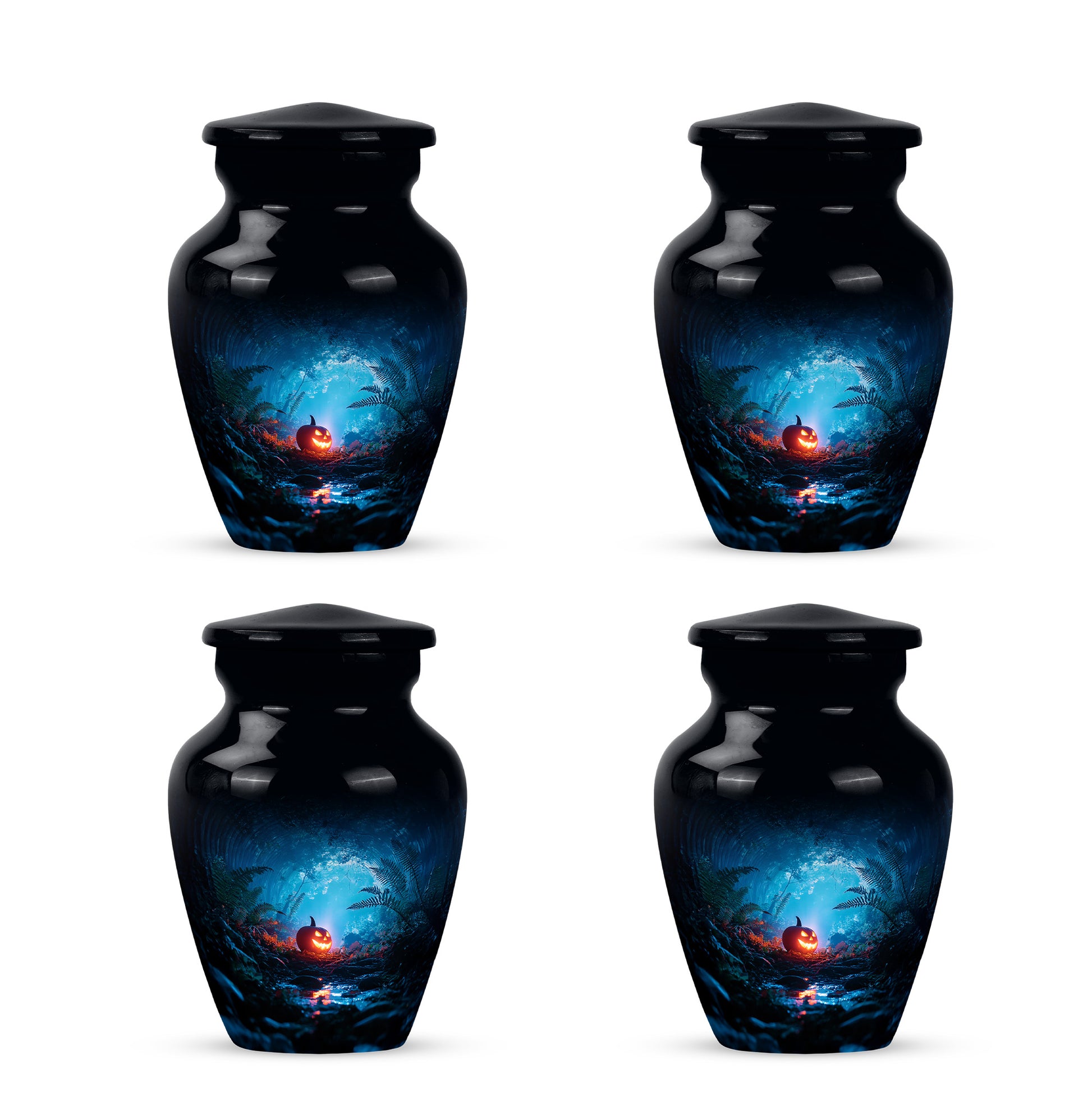 Jet Black Halloween Cremation Urn side profile showing urn shape - classic sculpted halloween pattern on smooth aluminum - 10 inch aluminum urn for cremated remains