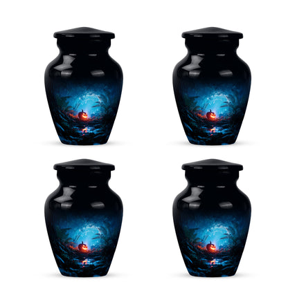 Jet Black Halloween Cremation Urn side profile showing urn shape - classic sculpted halloween pattern on smooth aluminum - 10 inch aluminum urn for cremated remains