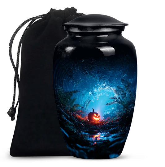 Obsidian Black Halloween Cremation Urn angled view of lid and engraved motif - elegant classic halloween relief with fine detailing - full-size 10 inch 200 cubic inch adult cremation urn