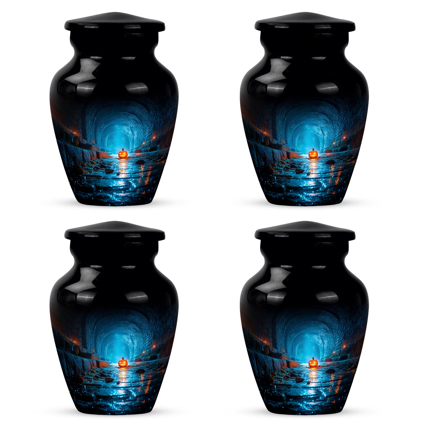 Deep Black Halloween Cremation Urn side profile showing urn shape - classic sculpted halloween pattern on smooth aluminum - 10 inch aluminum urn for cremated remains